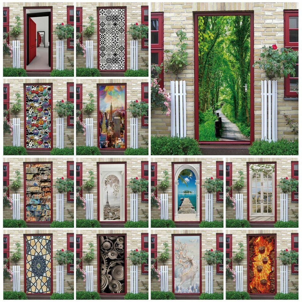 3D Self Adhesive Green Forest Abstract Door Sticker Wall Decor Mural Wallpaper-image