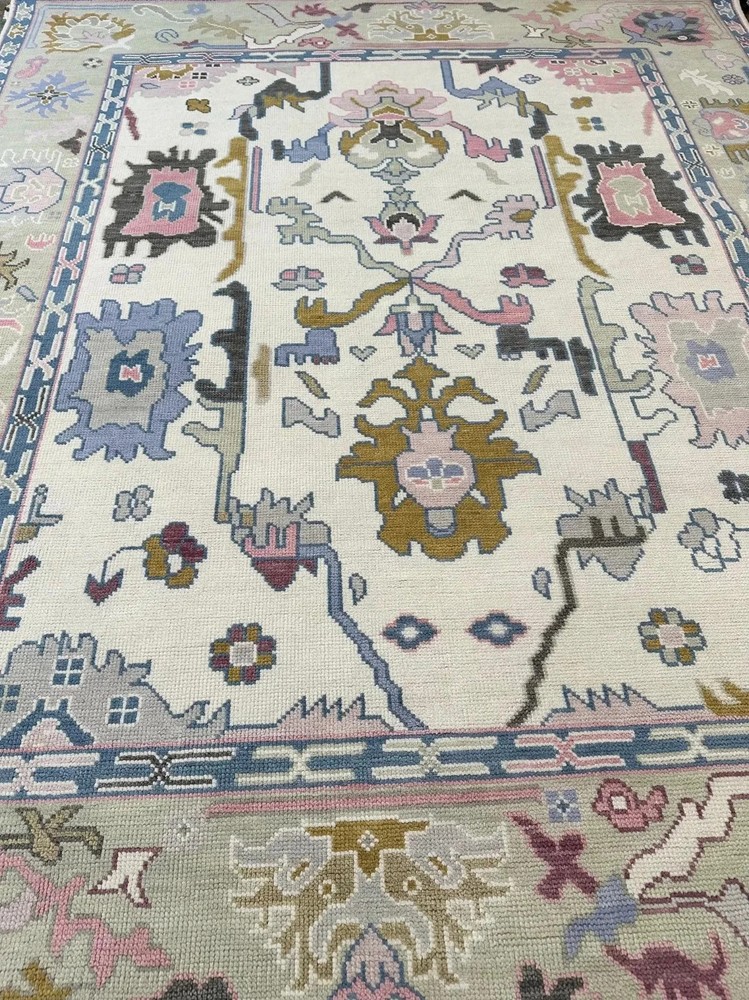 Hand Knotted Oushak Rug Muted Ivory Pink Blue Floral Wool Area Carpet