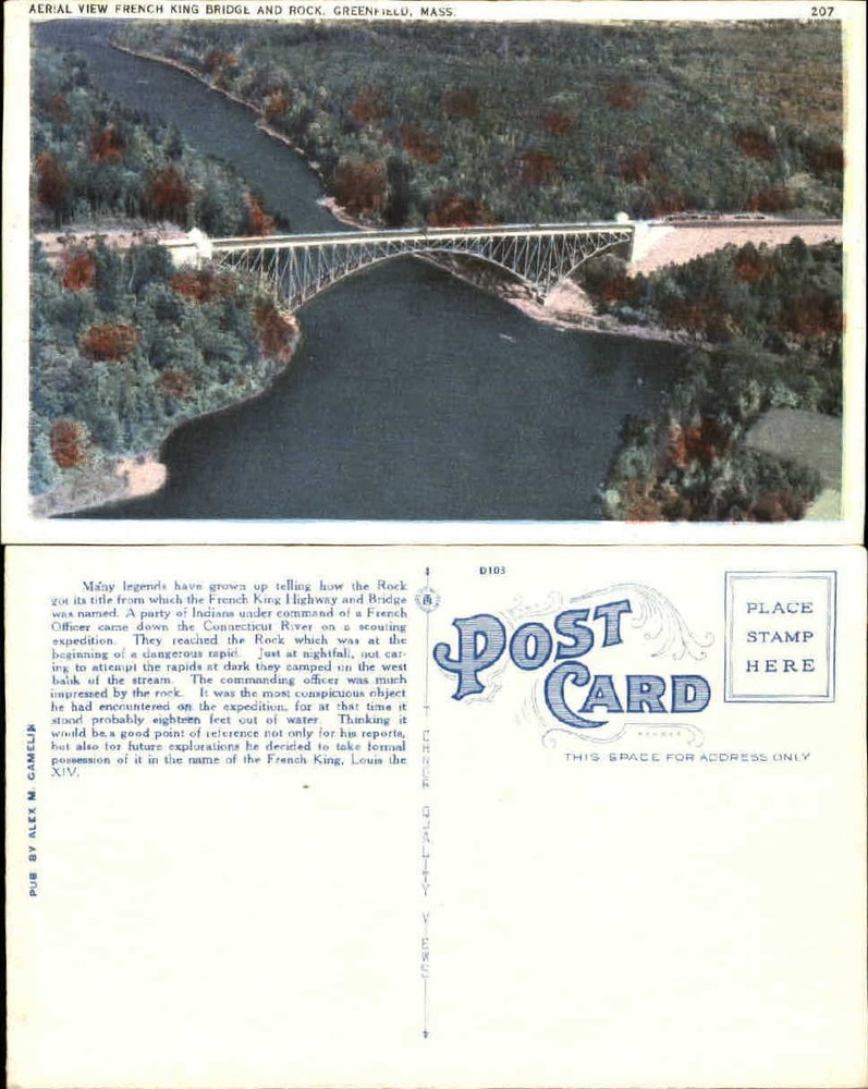 French King Bridge Rock aerial view Greenfield MA unused vintage postcard