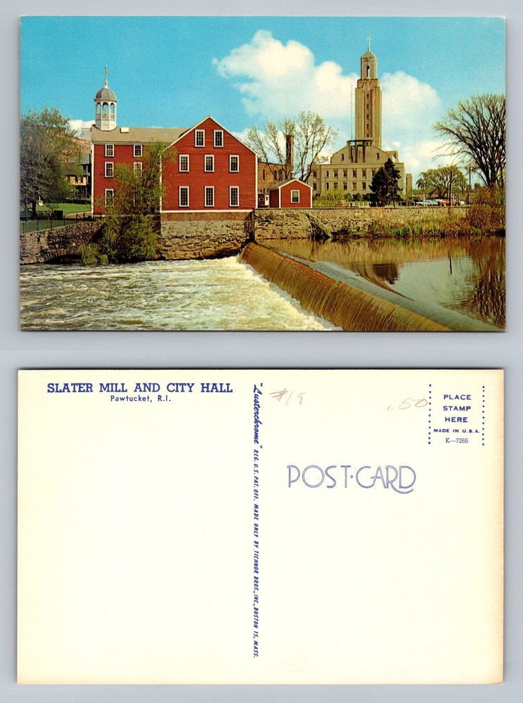 Pawtucket, RI-Rhode Island, Slater Mill And City Hall River Vintage Postcard