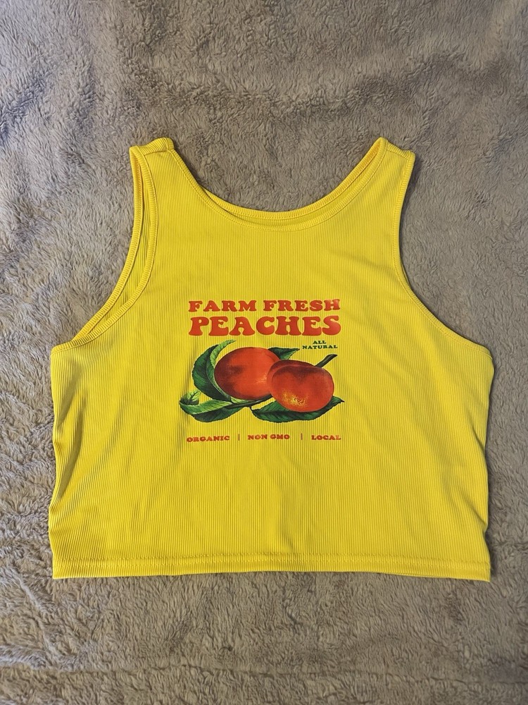 shein Yellow Ribbed Cropped Tank Top XL Farm Fresh Peaches Graphic Sleeveless
