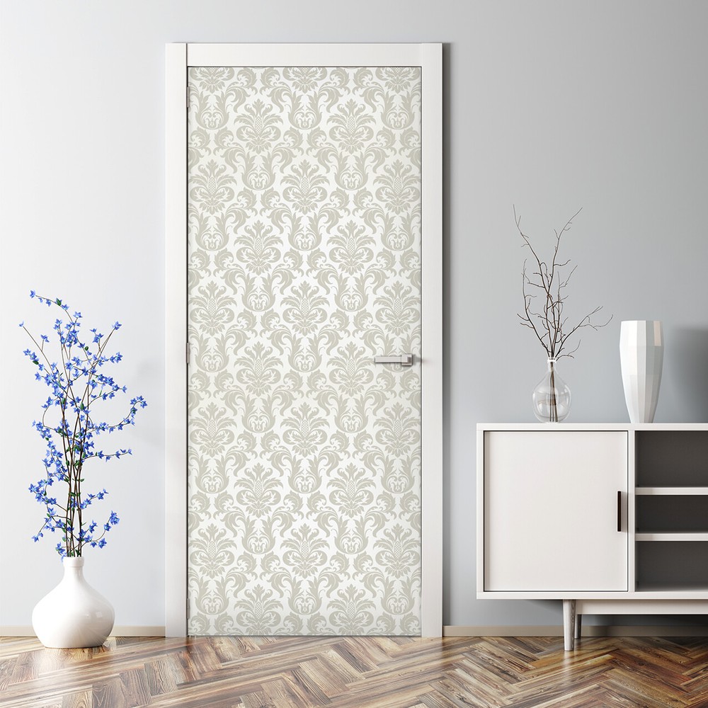 Vector floral damask Bubble Free Door sticker green and grey Decal traditional
