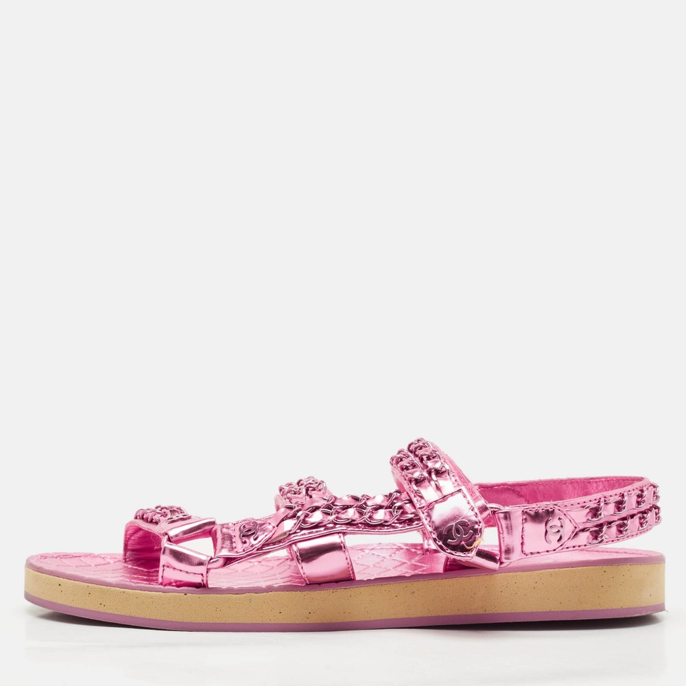 Chanel Pink Leather Dad Sandals Flat Shoes Size 40