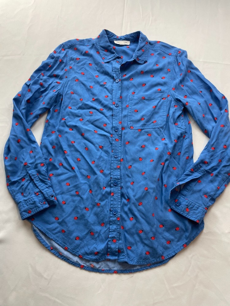 BEACHLUNCHLOUNGE Womens Small Blue Ladybug Print Button Up Shirt Long Sleeve Top