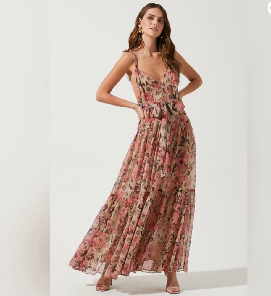 ASTR the Label Eartha Floral Tiered Maxi Dress M/L Taupe Pink READ SIZE INFO