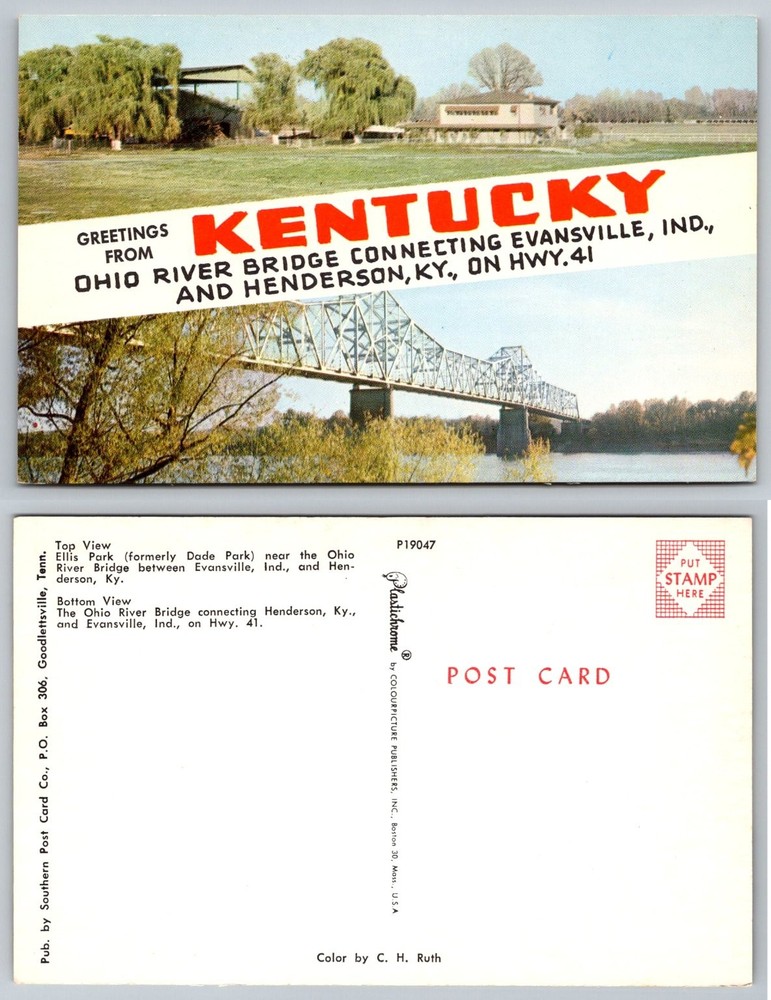 Vtg Plastichrome Postcard Ohio River Bridge Henderson KY Evansville IN Hwy 41