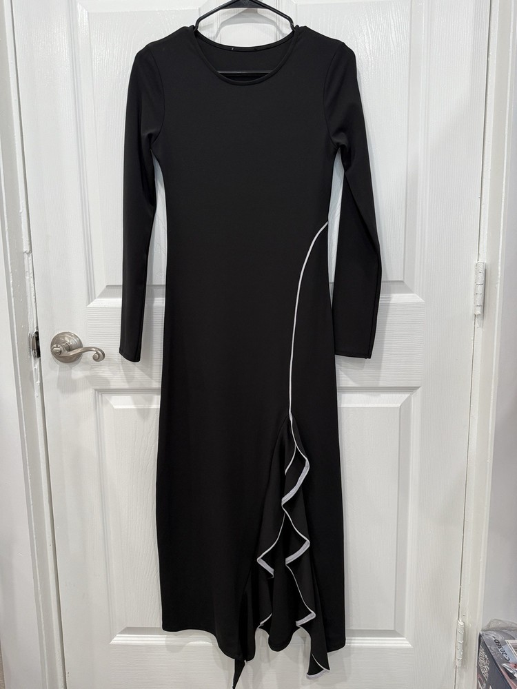 Black Maxi Dress Long Sleeve Round Neck Ruffle Accent Women's Solid Pullover