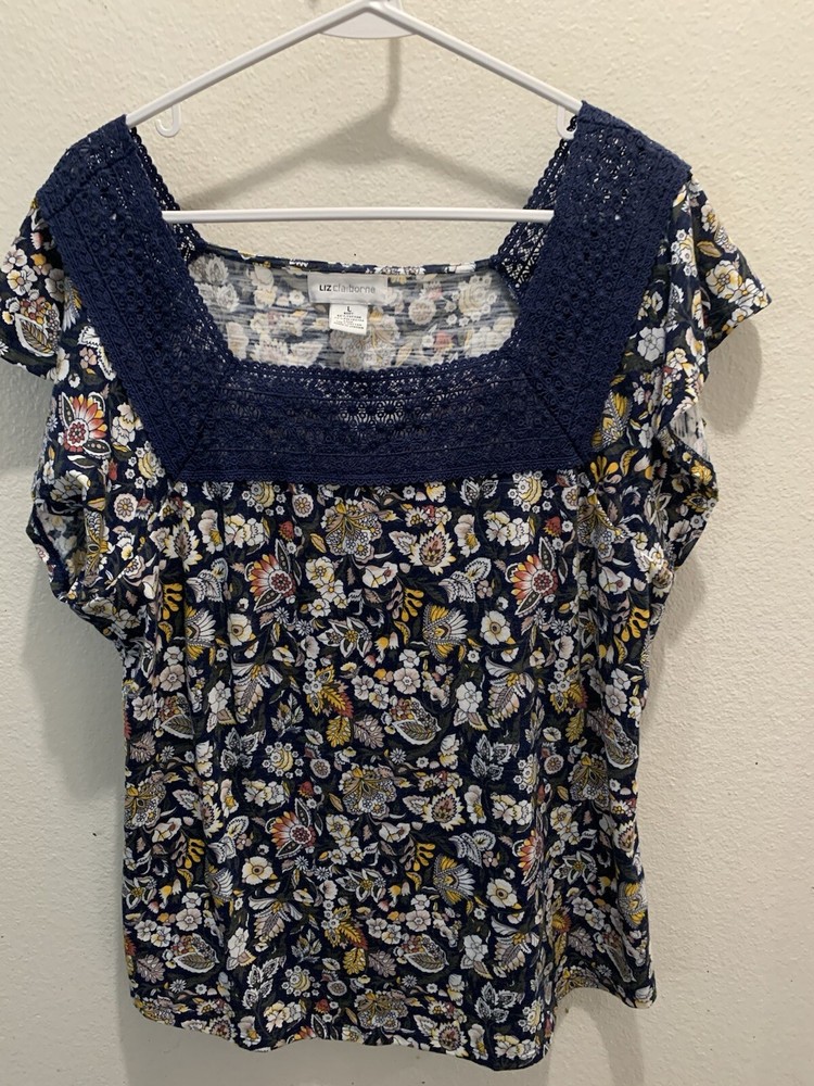 Liz Claiborne Womens Short Sleeve Top Multicolor Floral Size Large-lace Neckline