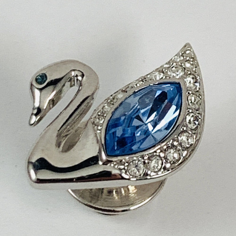 SWAROVSKI Blue Crystal Silver Tone SWAN LOGO Small Lapel Tac Pin Signed