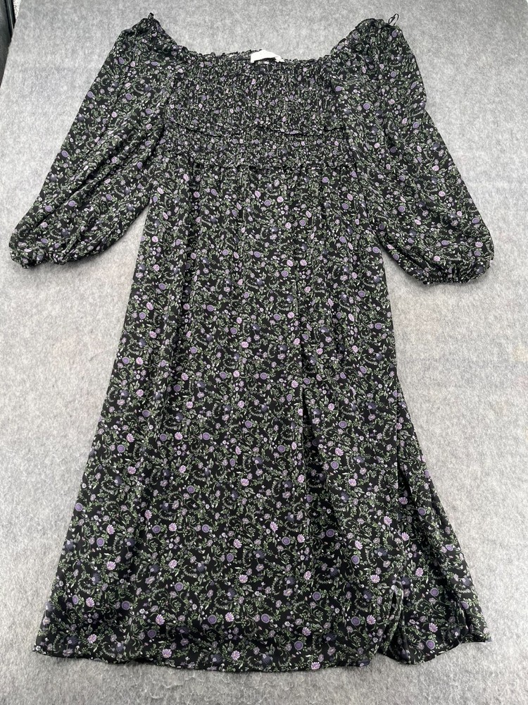 ASTR The Label Floral Smocked Long Sleeve Midi Dress Black Purple XL