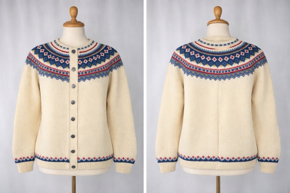 Handmade Norway 100% Wool Nordic Fair Isle Cardigan Sweater Cream Pewter Button