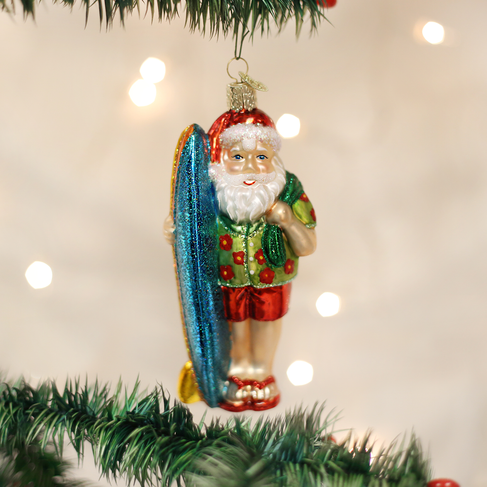 OLD WORLD CHRISTMAS SURFER SANTA GLASS CHRISTMAS ORNAMENT 40060