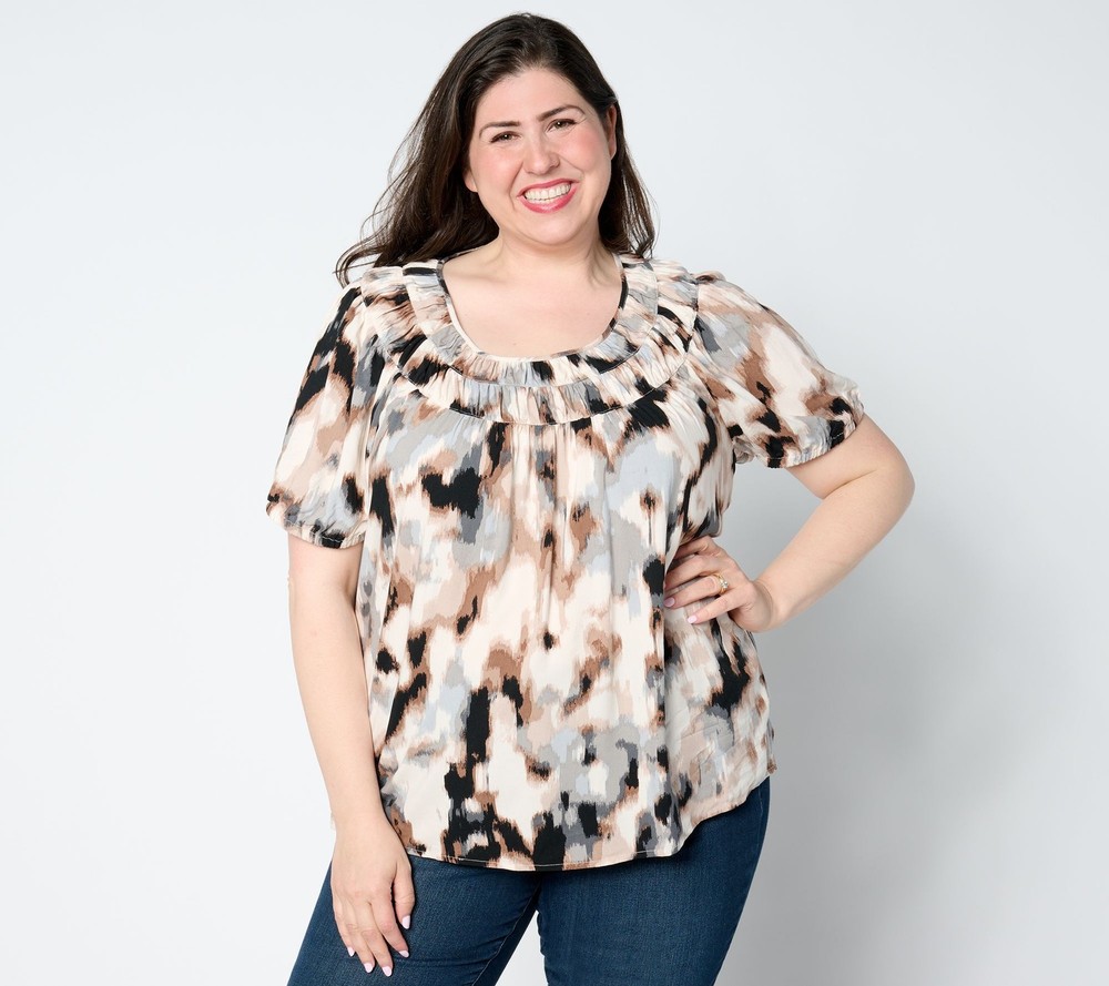 Denim & Co. Women's Top Plus Sz 1X Printed Short-Sleeve Multi-colored A677678