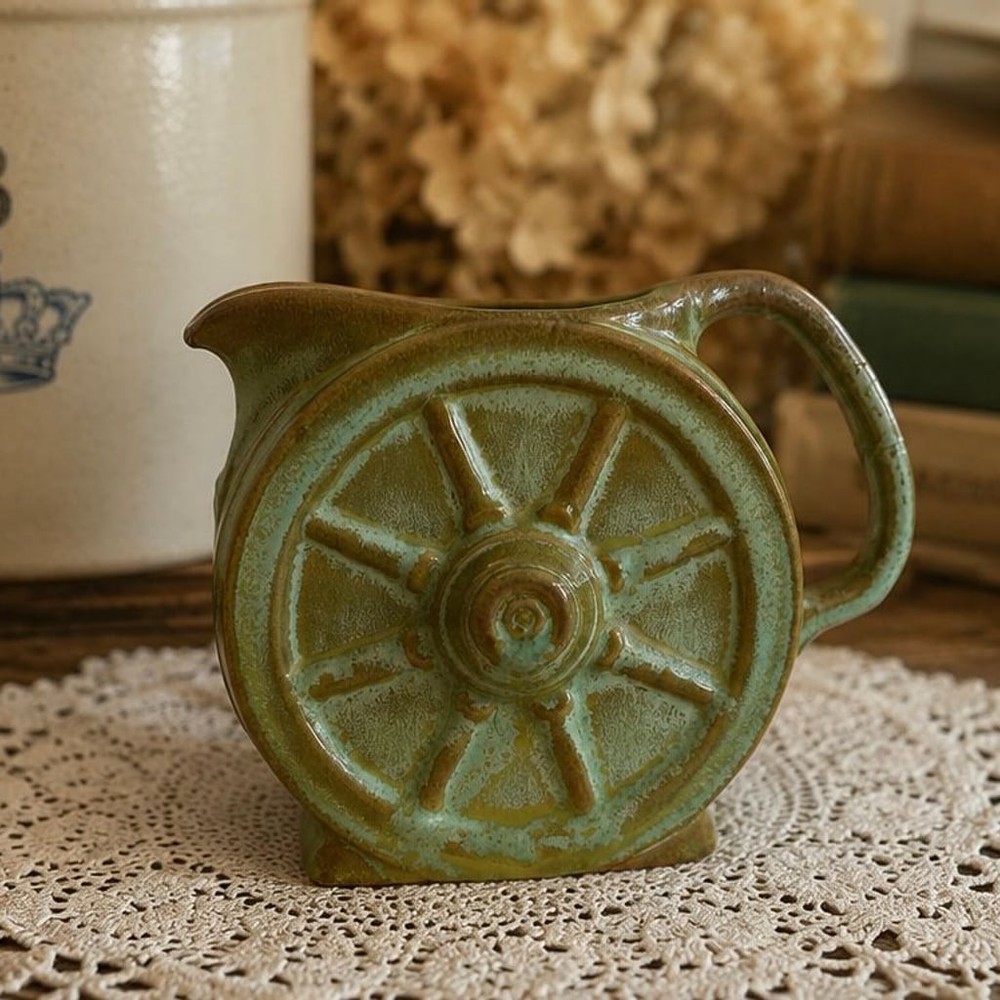Vintage Frankoma Pottery Wagon Wheel Creamer Pitcher Green