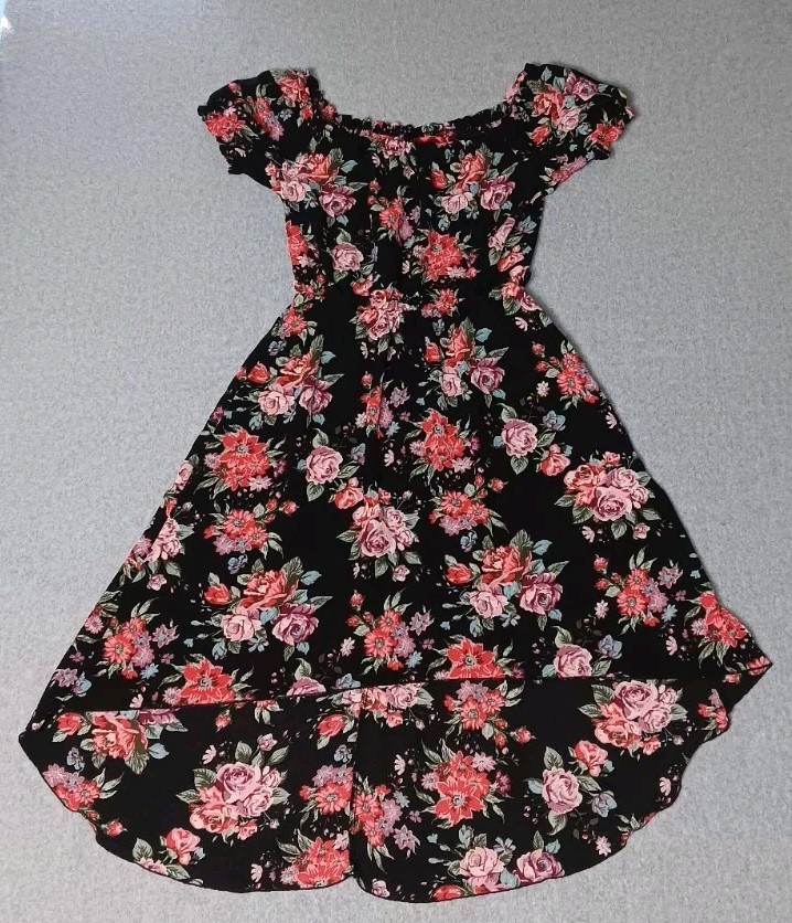 Hot Kiss Puffed Sleeve Dress Womens Size M Black And Floral Off The Shoulder