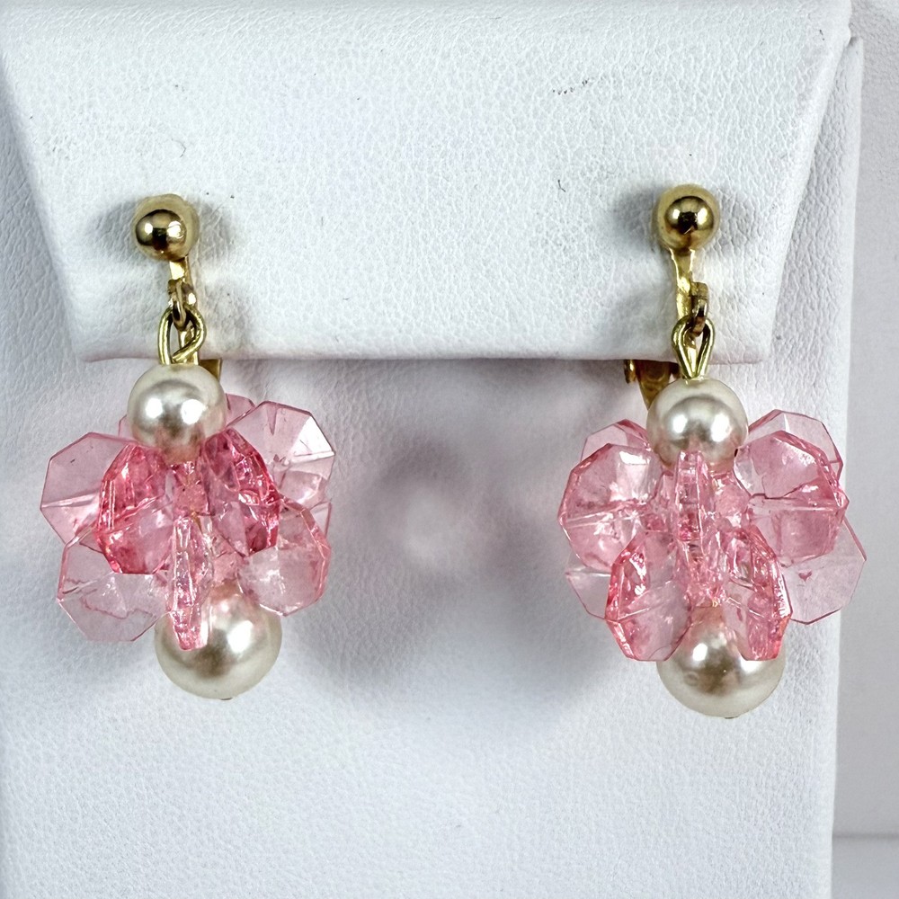 Vintage Pink Plastic Faux Pearl Gold Tone Drop Dangle Clip on Earrings