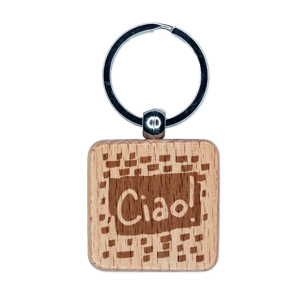 Italian Doodle Wood Keychain - Ciao Hello Engraved Charm Tag  