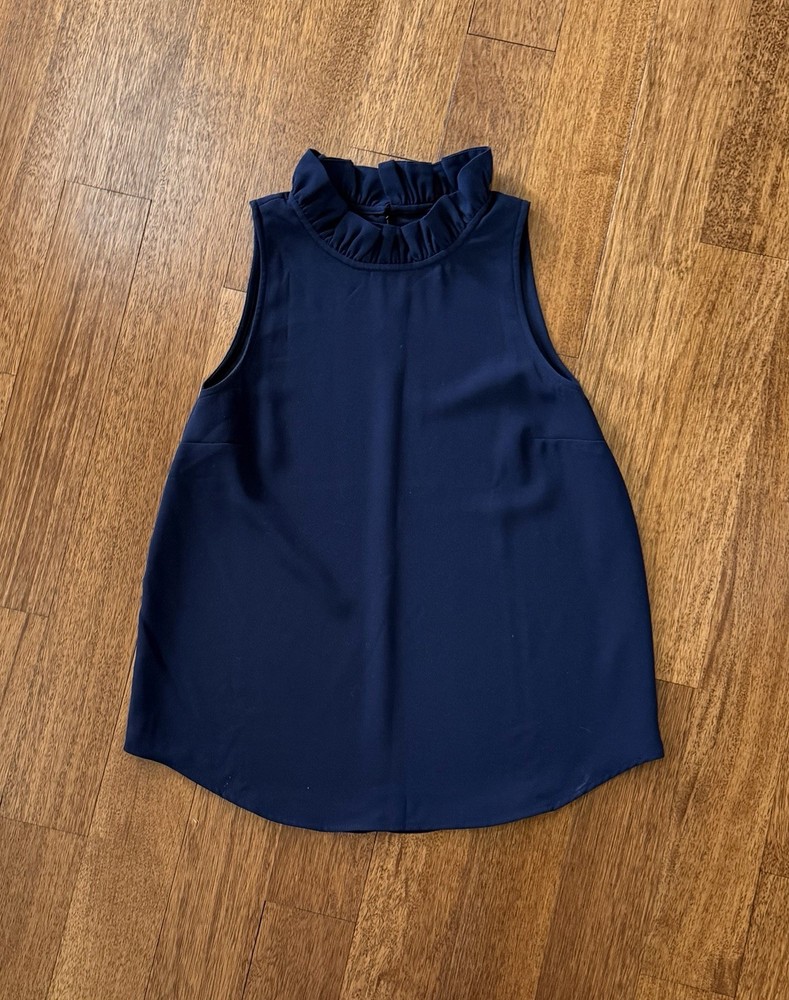 J.Crew Navy Blue Ruffle Neck Sleeveless Blouse S Mock Neck Top Preppy *read*