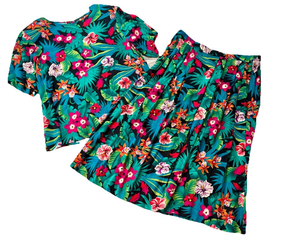 VTG 2 Pc Tropical Floral Skirt Set Hawaiian Print Green Black Size L/XL Resort