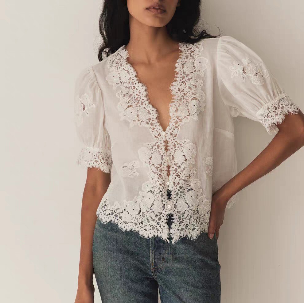 Women Doen Ramie Lace Slim Fit Short Sleeve Shirt White