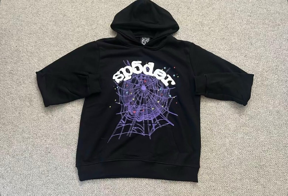 Sp5der Black Pullover Hoodie Women’s Spider Web Graphic Hooded Sweatshirt