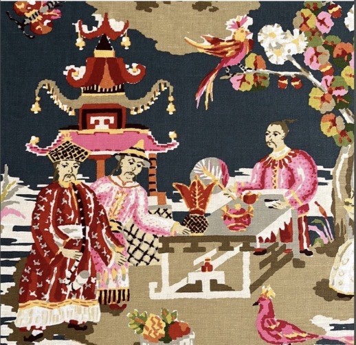 BRUNSCHWIG & FILS XIAN Linen, Chinoiserie Cotton Print, Gray, Pink Fabric