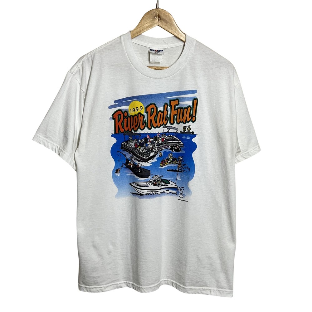 Vintage Jerzees River Rat Fun Shirt Mens Large White 1999 Boating Graphic Tee