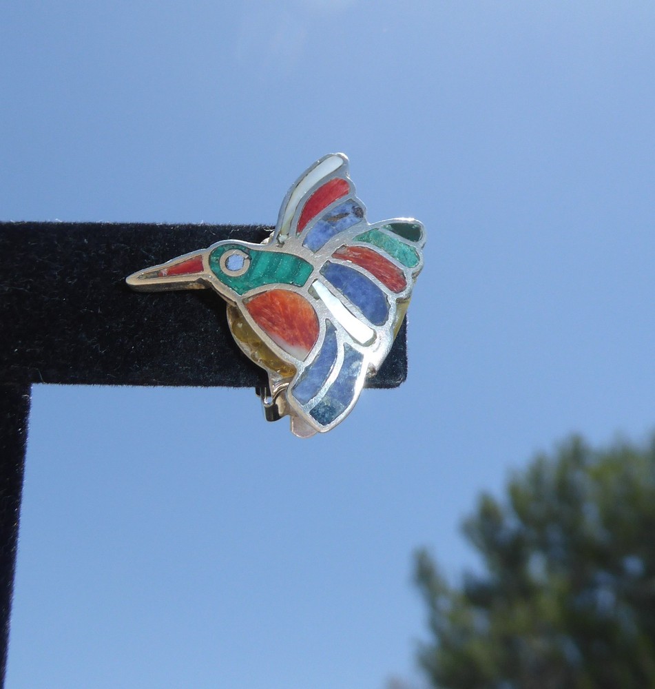 Fun Sterling Silver Vintage Colorful Gemstones Hummingbird Earrings Clip On