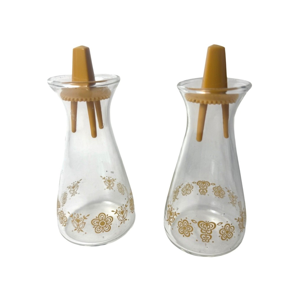 Pyrex Butterfly Gold Salt and Pepper Shaker Set Vintage 70s Floral Glass MCM