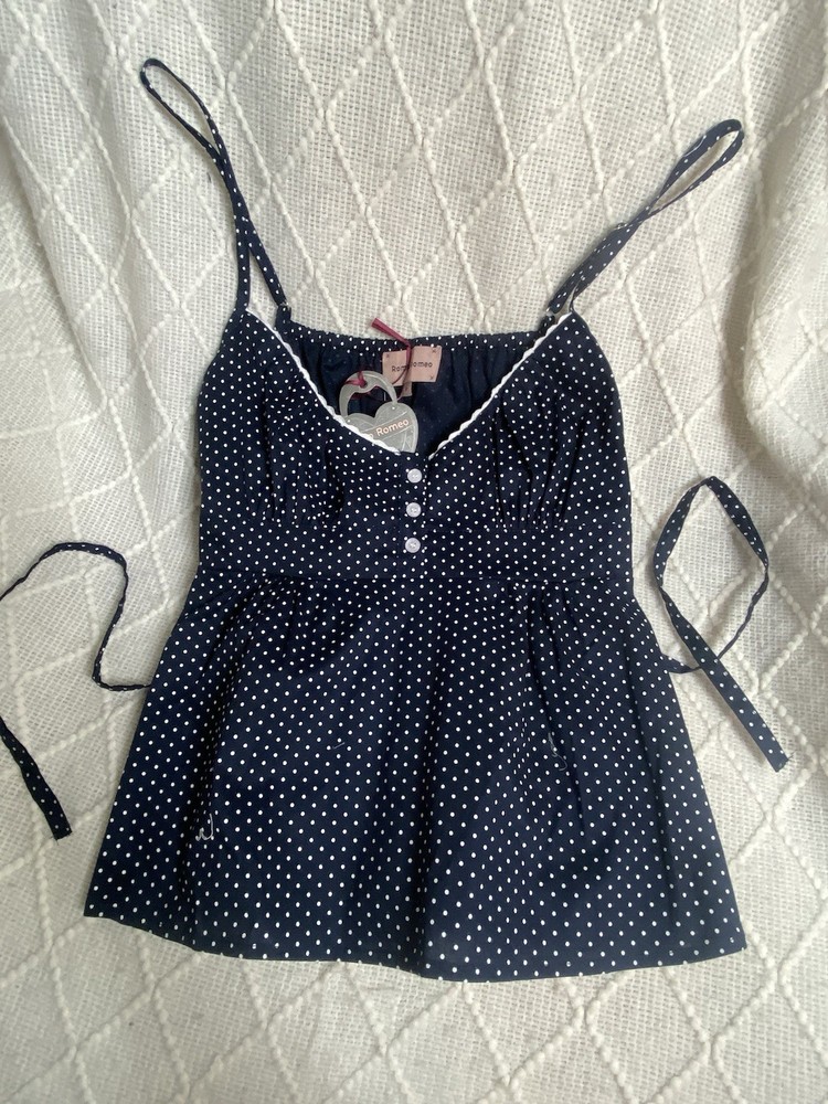 Romeo Romeo Polka Dot Sleeveless Cami Navy White Button Accent Size S