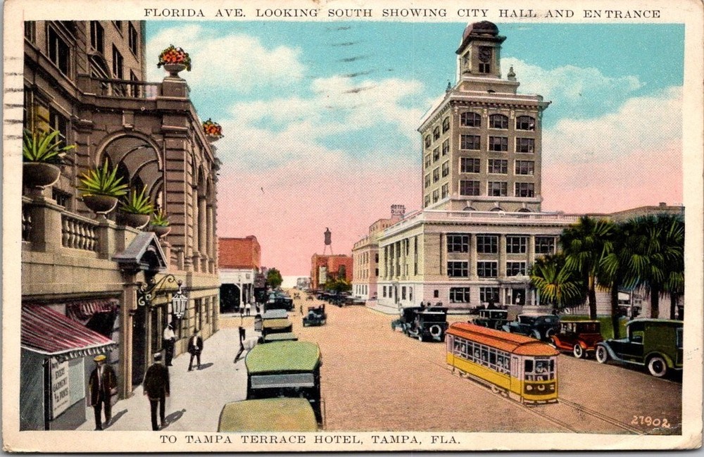 Florida Ave Tampa FL City Hall Tampa Terrace Hotel Trolley Postcard 1929