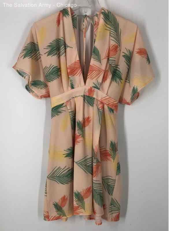 Womens Peach Leaf Print Belted V-Neck Short Sleeve Summer A-Line Dress Size L