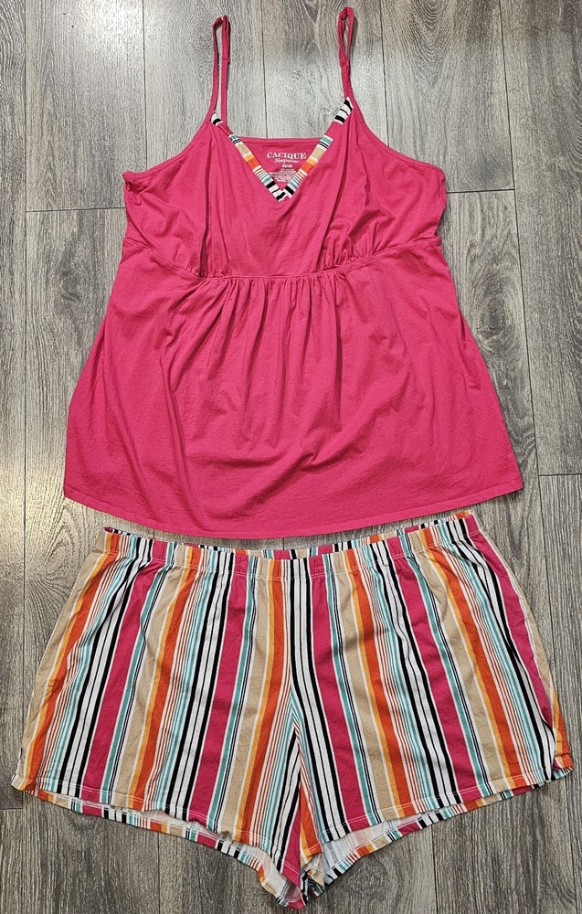 Cacique Sleepwear 2 Pc Camisole & Striped Shorts Pajamas Set Women's Size 26/28
