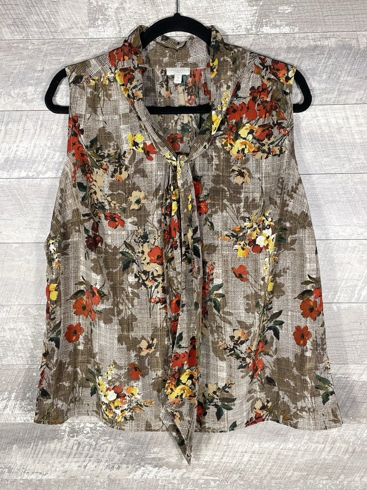 Earthy Floral Plaid Tie Neck Sleeveless Blouse Size 1X Bohemian Feminine Spring
