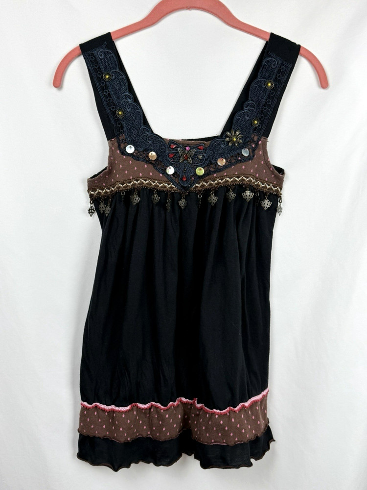 VTG Y2K Whimsigoth Babydoll DIY Tank Top Boho Beaded Fairycore Indie Sleaze M/L