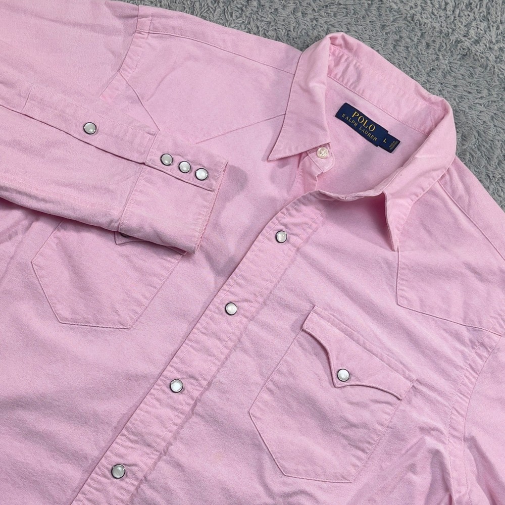 Polo Ralph Lauren Mens Pink Cotton Oxford Western Snap Shirt Large L Cowboy