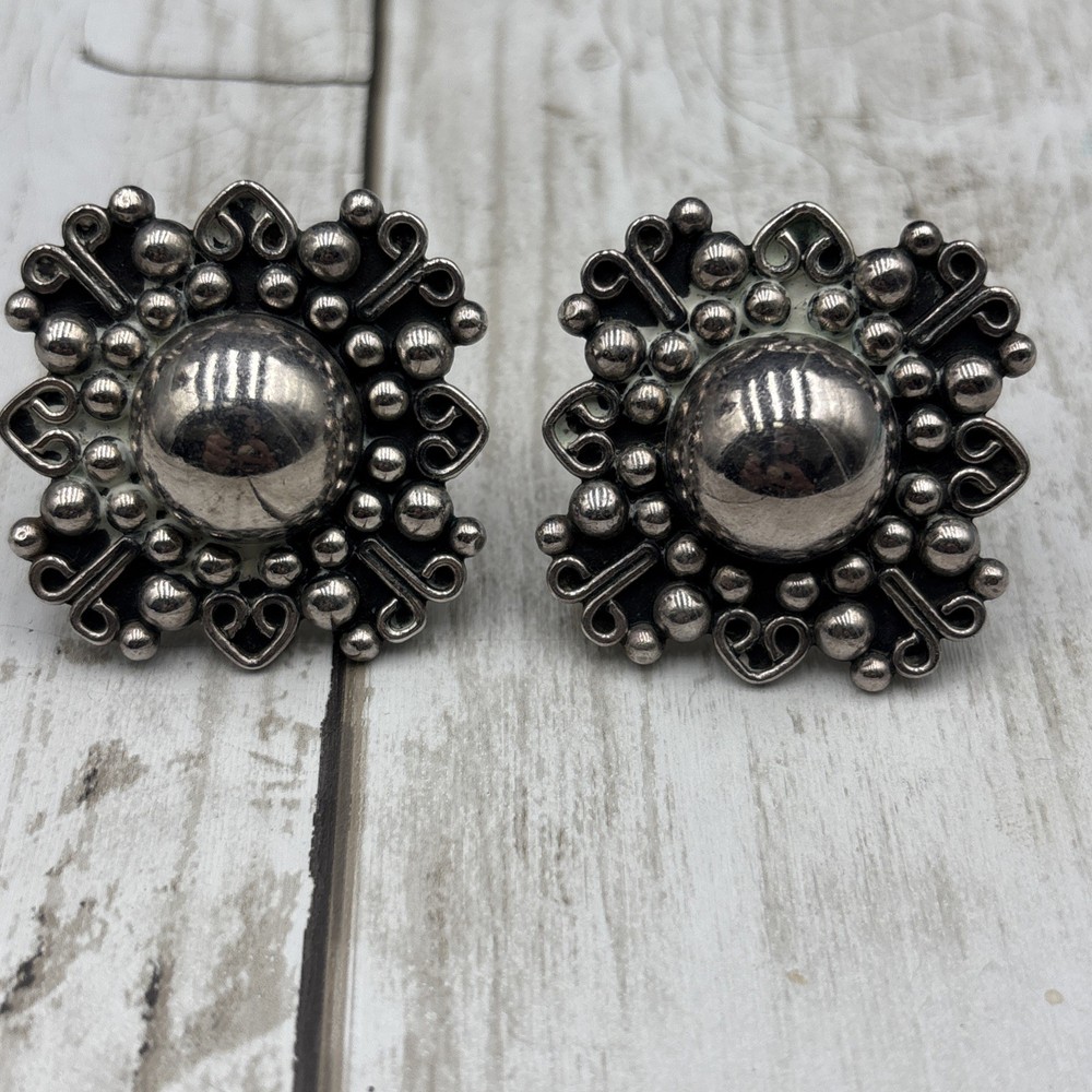 VTG Alicia Taxco Mexico 925 Sterling Silver Ornate Beaded Clip Earrings 0504-21