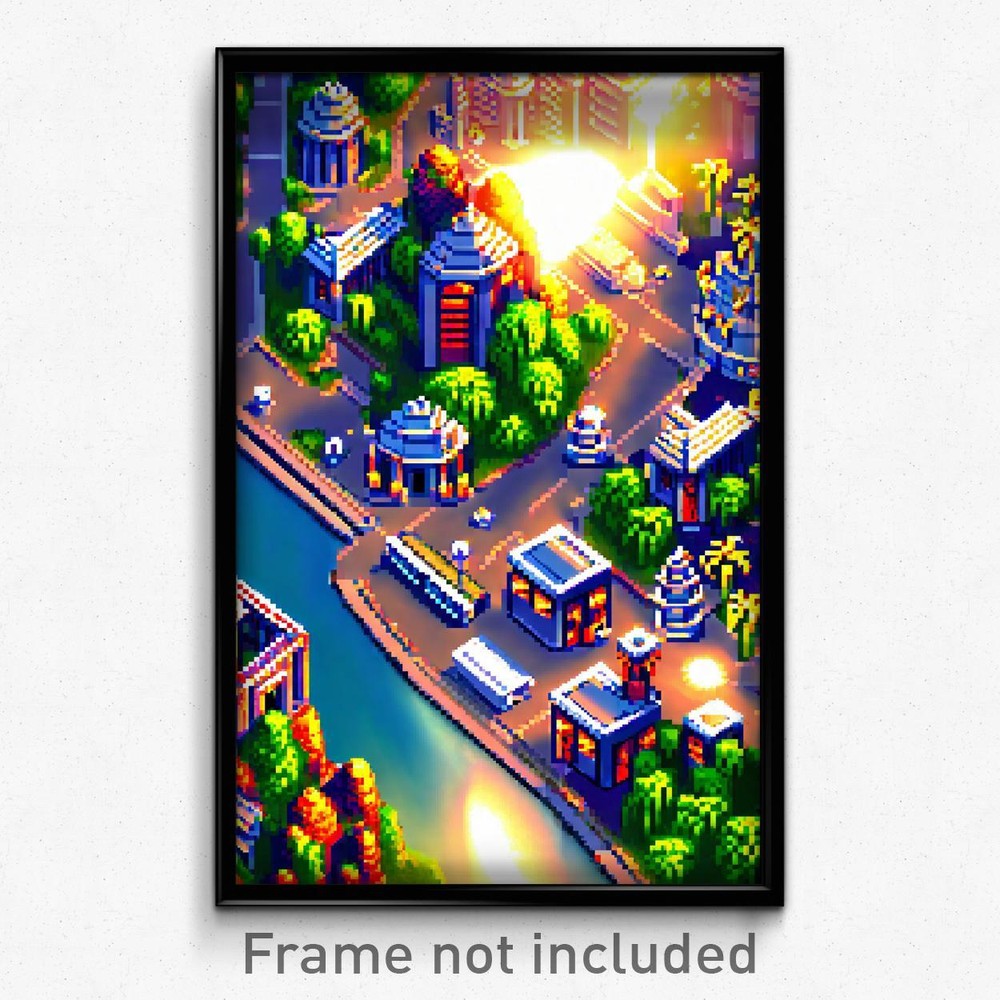 8 Bit Silver Exotic Town Pixel Art Psychedelic Video Game Poster