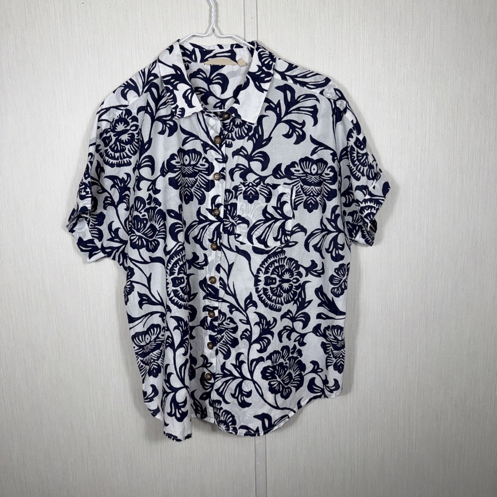 Soft Surroundings Gauze Cotton Floral Button-Down Shirt L Ladies Blouse