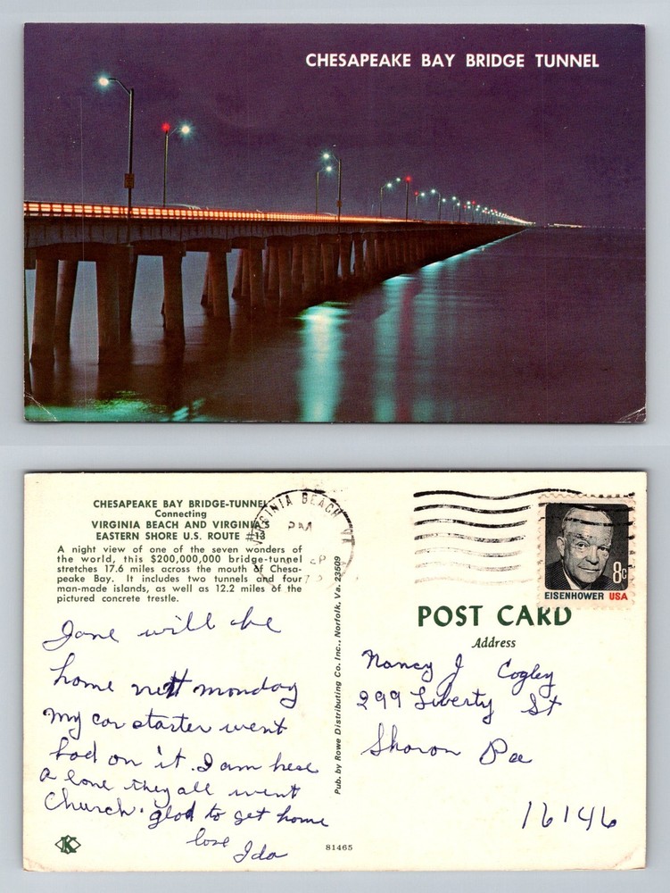 Virginia Beach, VA-Virginia, Chesapeake Bay Bridge Tunnel Night Vintage Postcard