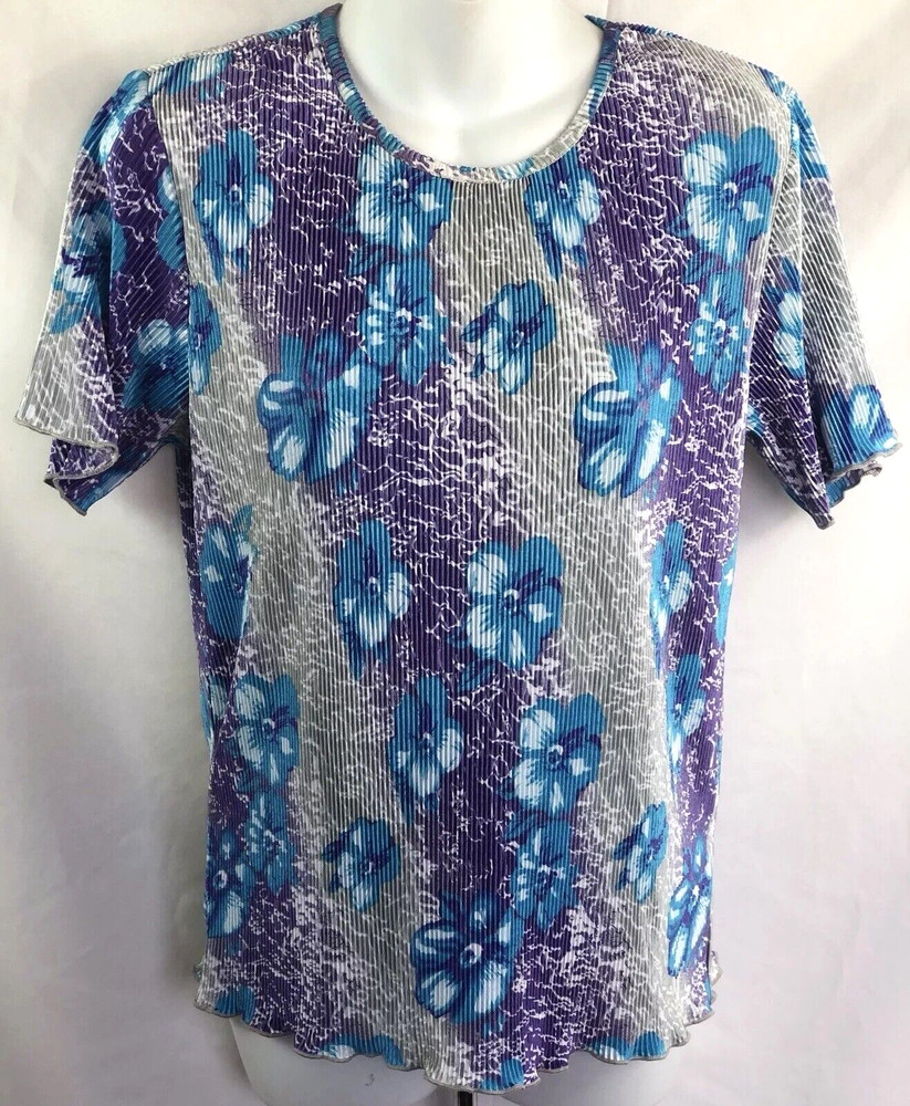 NWT Blouse works top M gray/purple floral scoop Pleats Tropical Boho Hawaiian