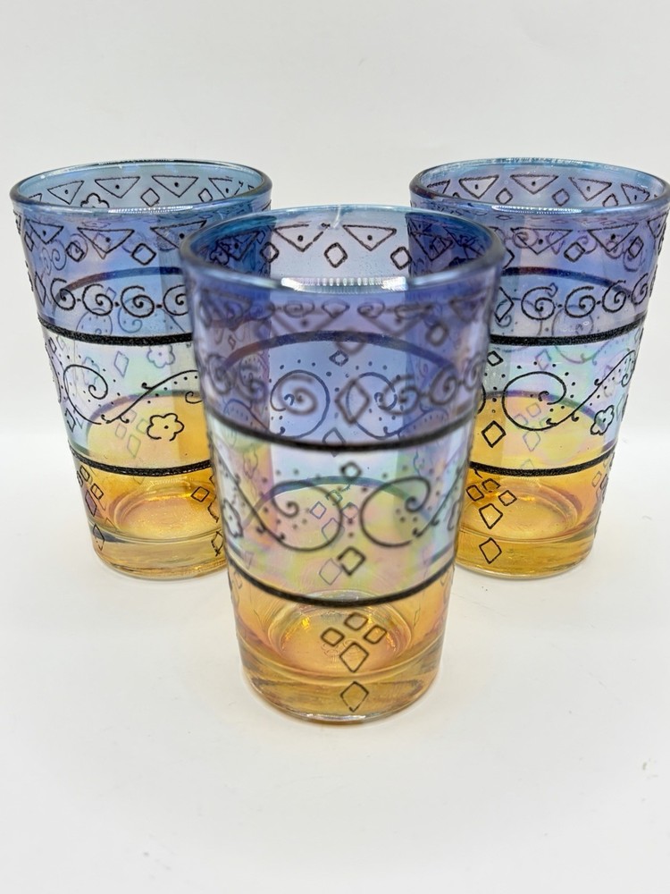 Set Of Three Colorful Moroccan Tea Glasses With Henna Pattern 3.5 In Tall