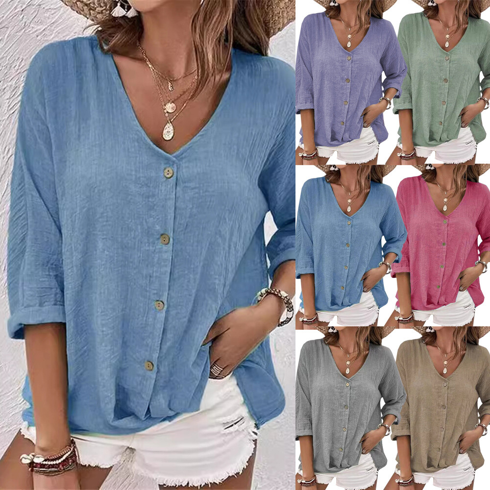 US Women's Summer V-Neck 3/4 Sleeve Loose Blouse Plus Size Tee