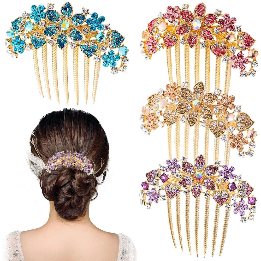 4 PCS Rhinestone Inlaid Flower Hair Comb for Women Girls Floral Hair Side Com...