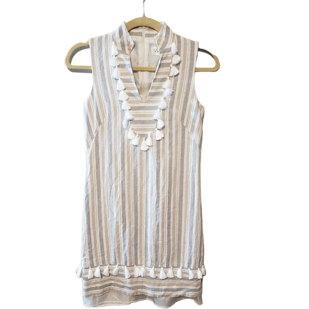 Striped Sleeveless Linen Blend Dress With Tassel Details By Eliza J Size 0