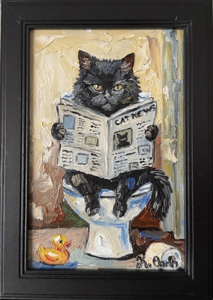 ORIGINAL OIL PAINTING BLACK CAT READING NEWSPAPER IN BATHROOM SIGNED FRAMED 4x6