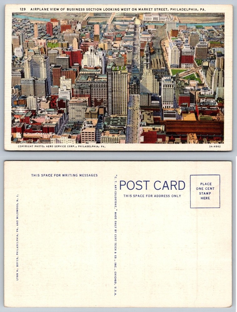 Philadelphia PA Aerial View Market Street Business Section Postcard c.1930s-40s