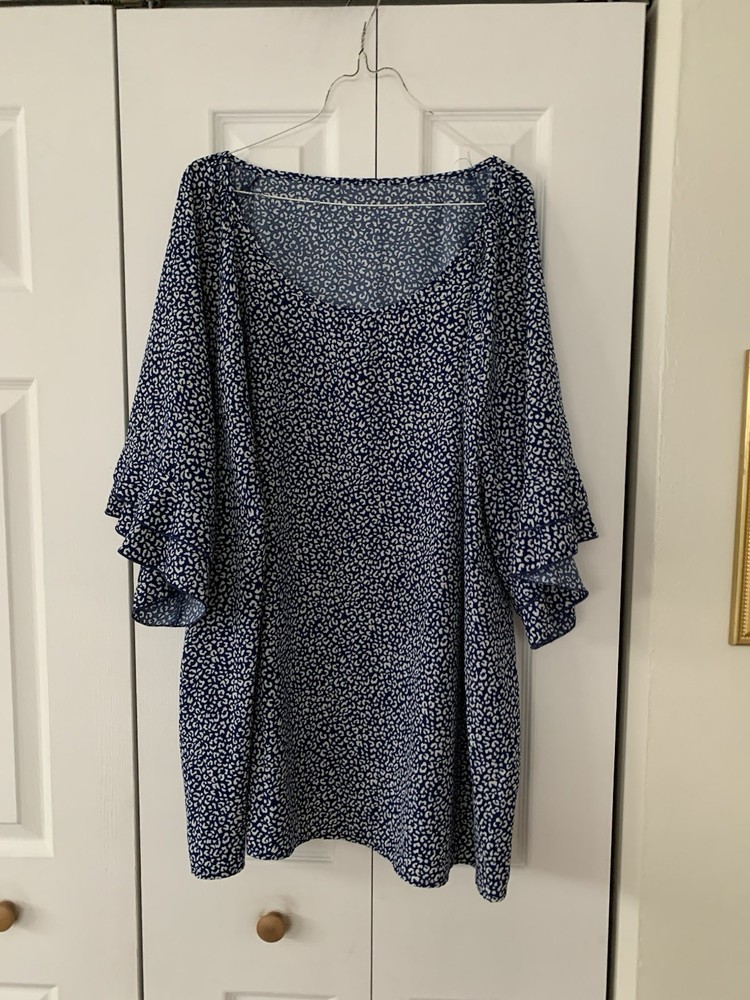 Shein Curve Blue White Ruffle Sleeve Shirt Top Plus Size 32/34 Euc!