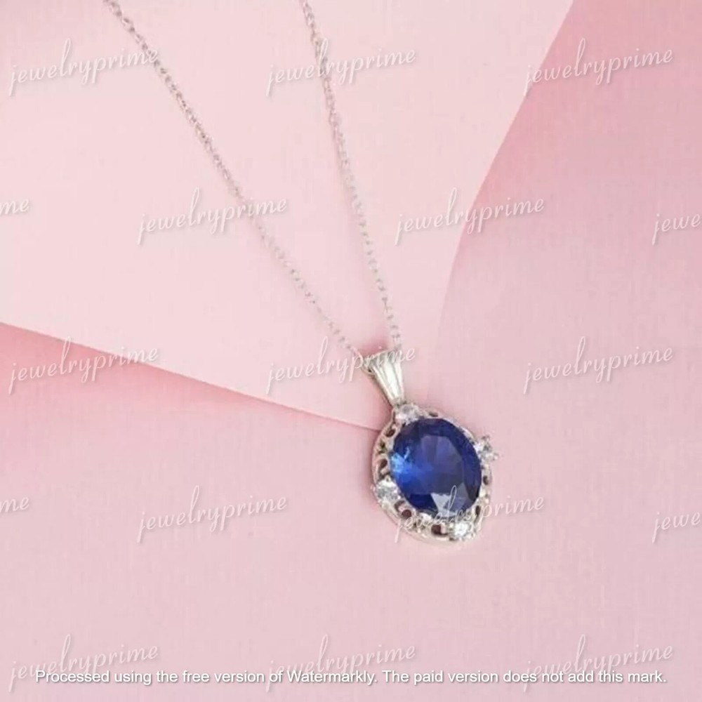 3Ct Round Blue Topaz Simulated Pendant in 14K White Gold Plated Silver with Free Chain