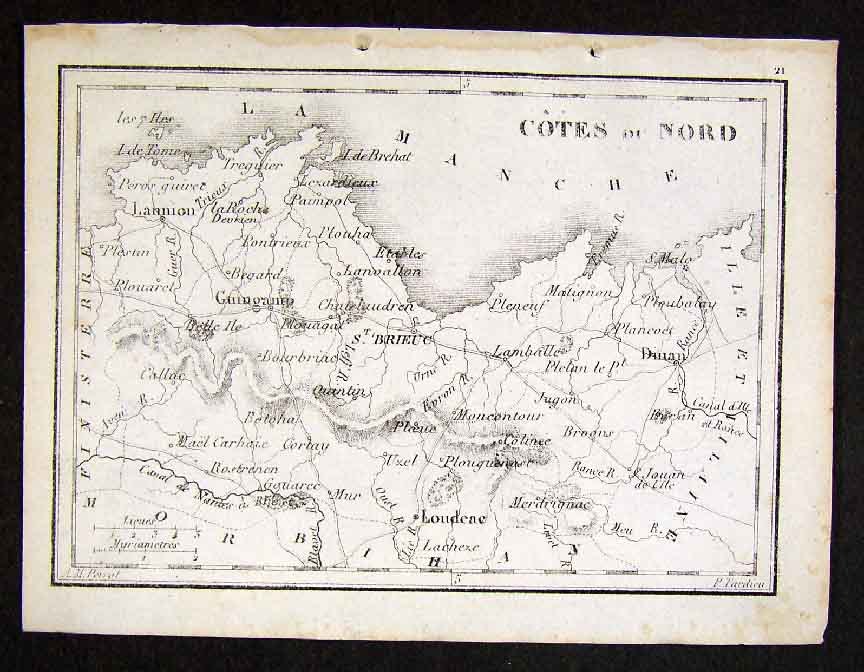 c. 1830 Perrot Tardieu Map Cotes du Nord St. Brieuc France Miniature Antique Map